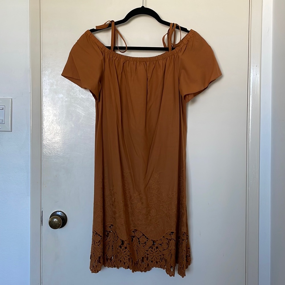 Madewell women’s Off the shoulder dress with crochet trim in burnt orange size M - Picture 3 of 9